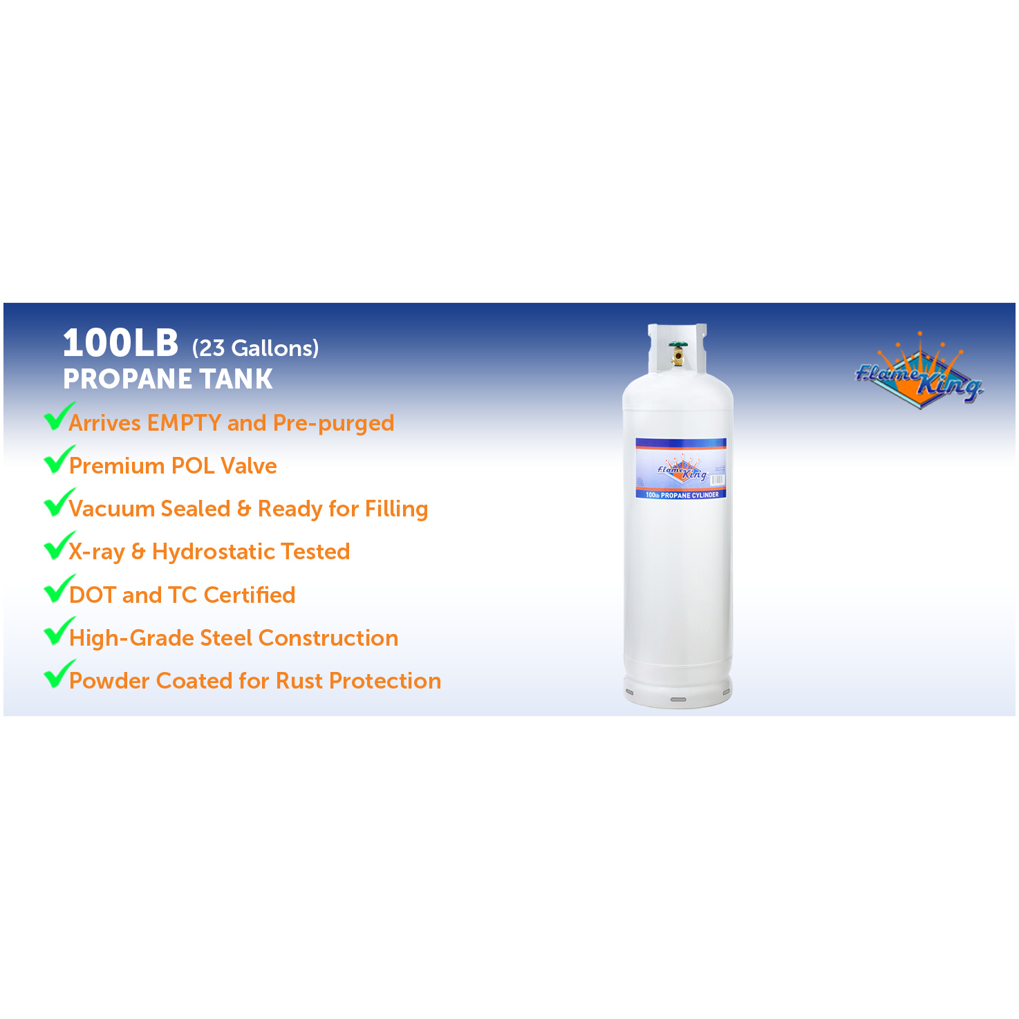 Flame King 100LB Empty Steel Propane Tank Cylinder with POL Valve and Collar, White