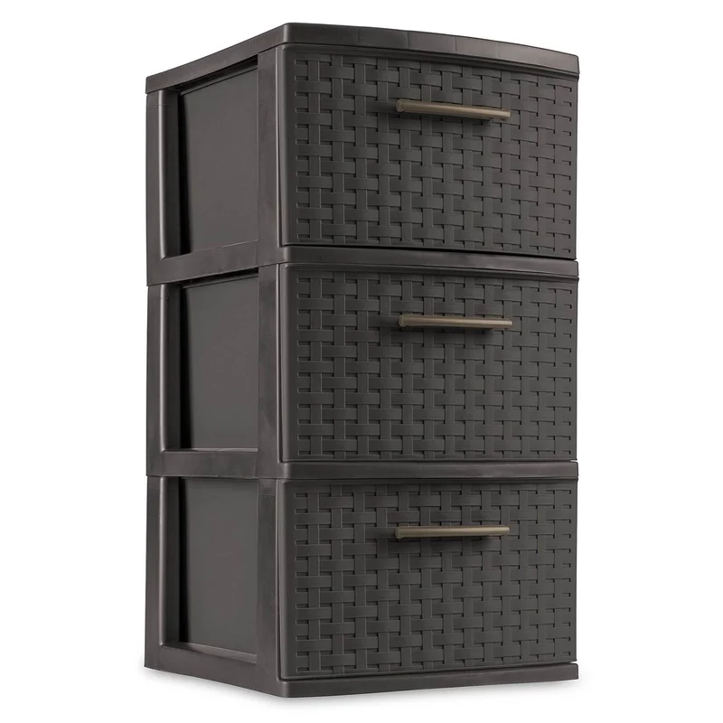 Sterilite 3 Drawer Wicker Weave Decorative Storage Tower, Espresso (2 Pack)