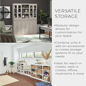 Versatile modular storage for office, mudroom, closet, entryway, living room, more