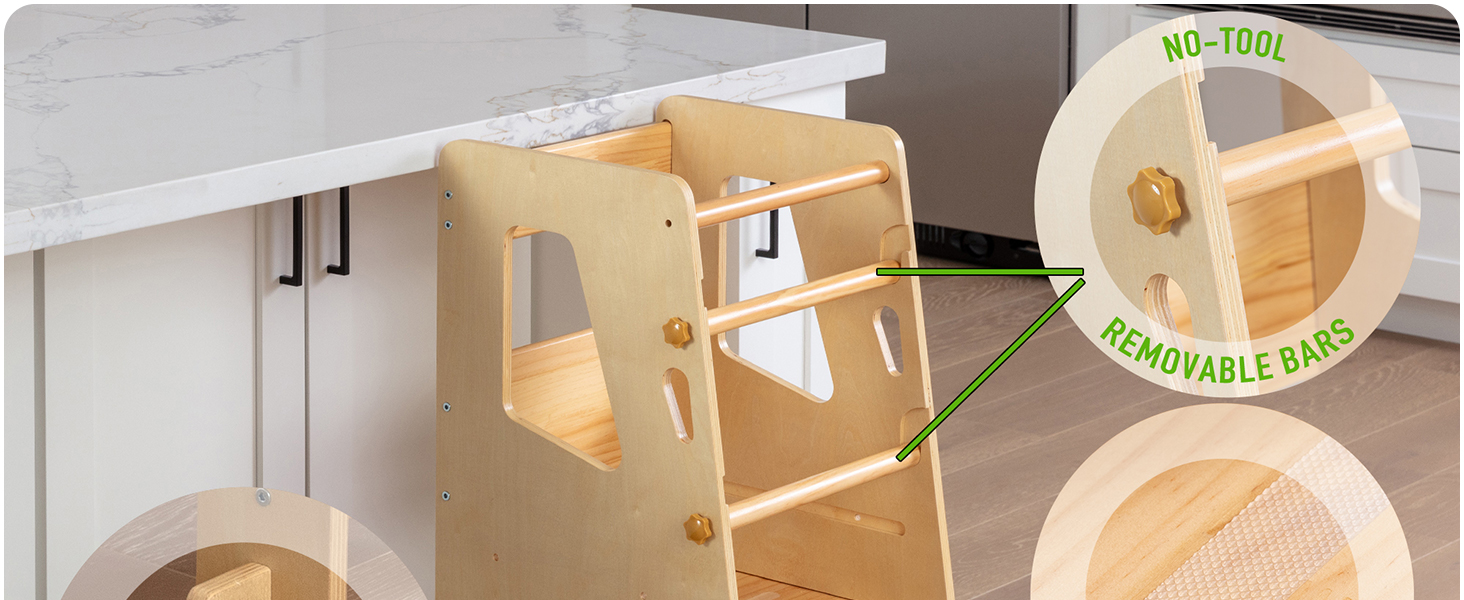 Toddler Tower with No-Tool Removable Safety Bars at the Back